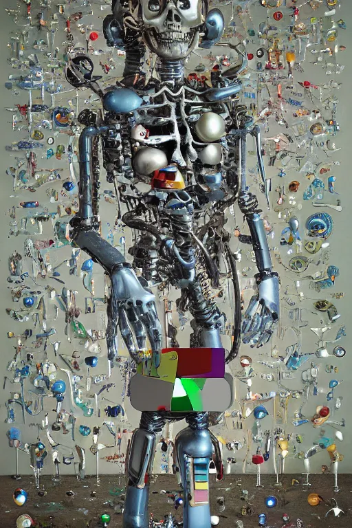 Image similar to A young child robot surrounded by chrome skeletons, octane rendering by Raqib Shaw and Salivor Dali,
