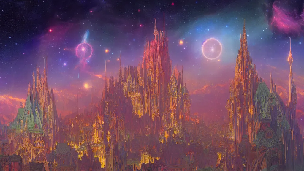 Image similar to a beautiful highly detailed matte painting of colorful castle nebulas by moebius, alphonse mucha, stars in the background, highly detailed, intricate design, 8 k resolution, octane render, trending on artstation and cgsociety