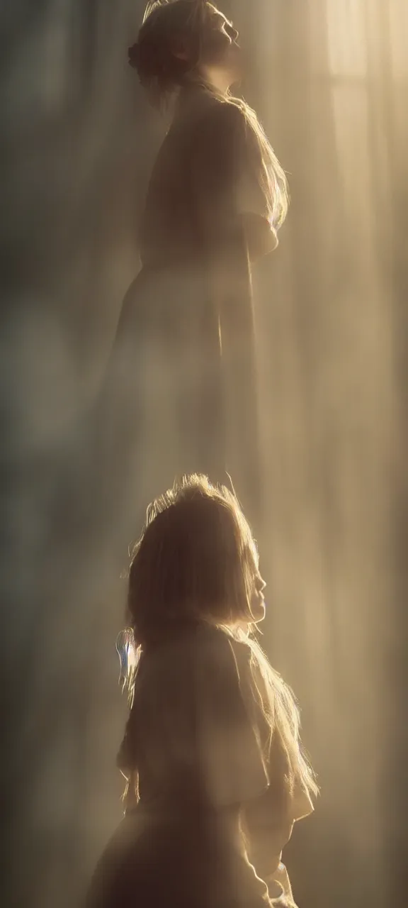 Image similar to very very beautiful photograph of emily skinner looking like annie leonhart standing next to a window god rays shining on her from the sunlight, volumetric fog, smoke, depth of field, beautiful composition, very very very beautifull face, on artstation and instagram