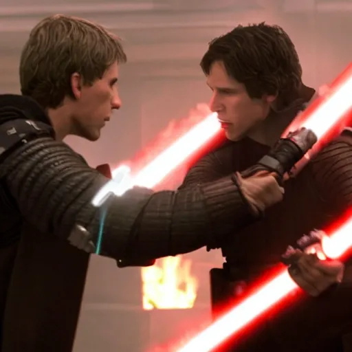 Image similar to starkiller from the force unleased having a lightsaber duel with luke skywalker ultrarealistic, foggy, dramatic,