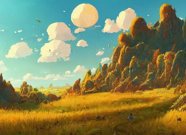 Image similar to concept art of a landscape made of corn on the cob, cel shaded, in the style of makoto shinkai and moebius and peter mohrbacher and anton fadeev