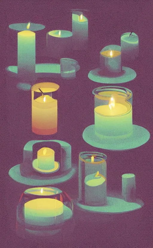 Image similar to illustration with a set of beautiful scented candles, close - up photo in cozy interior, candle lighting, shadow play, light refraction, mirror, glowing, pinterest, an art deco painting by tom whalen, trending on behance, art deco, digital illustration, storybook illustration, grainy texture, flat shading, vector art, airbrush, pastel, watercolor, poster