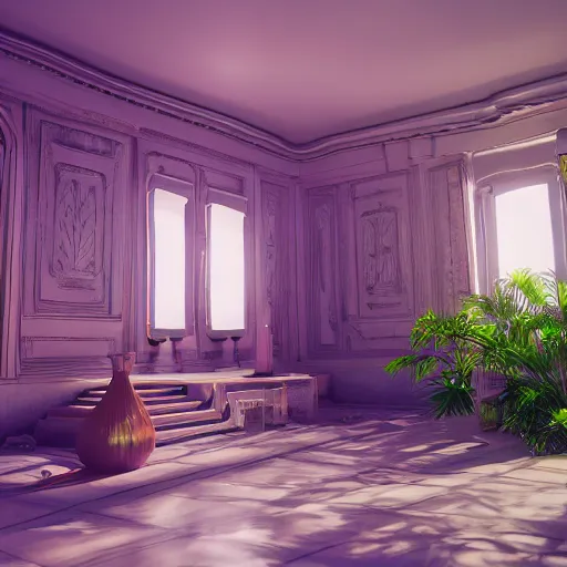 Image similar to liminal space interior of a vaporwave mansion high detail 3D rendered render in unreal engine 8K god rays volumetric lighting trending on art station