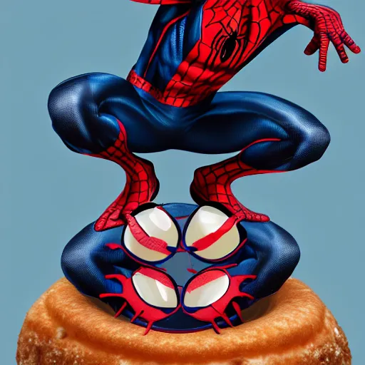 Image similar to spider - man sit on the raccoon and eating donuts, concept art, trending on artstation, highly detailed, intricate, sharp focus, digital art, 8 k