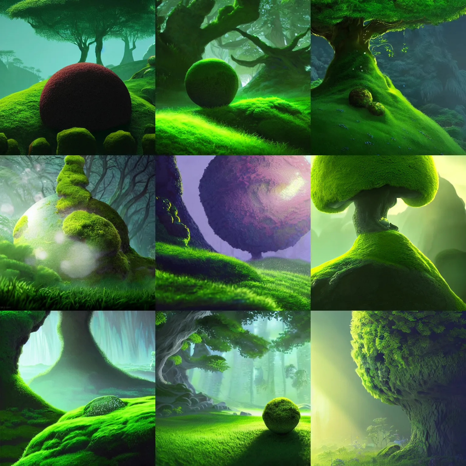 Prompt: closeup magic protection stone sphere covered with moss, in gentle green dawn light, eyvind earle, studio ghibli painting, cinematic lighting, volumetric lighting, smooth, sharp focus, highly detailed, render in unreal engine 5, artstation, deviantart, behance, trending, epic composition, octane, light rays, award - winning