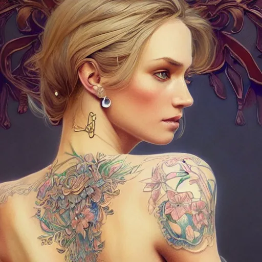 Image similar to ultra realistic illustration, a hot and beautiful tattooed blonde slavic woman in her 3 0's, intricate, elegant, highly detailed, digital painting, artstation, concept art, smooth, sharp focus, illustration, art by artgerm and greg rutkowski and alphonse mucha