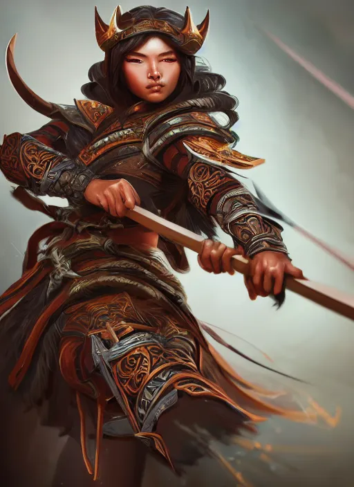 Image similar to a highly detailed illustration of fierce mongol warrior woman with bow, heroic shooting bow pose, intricate, elegant, highly detailed, centered, digital painting, artstation, concept art, smooth, sharp focus, league of legends concept art, wlop.