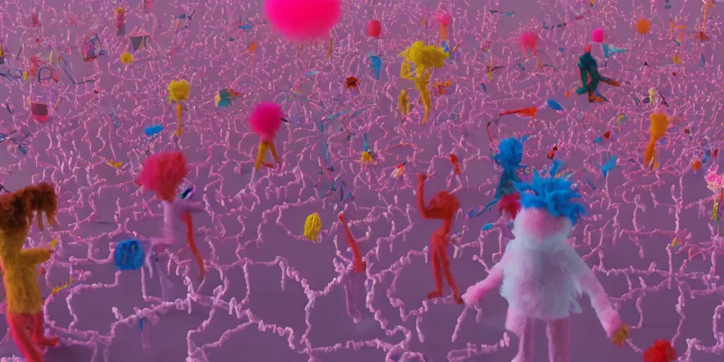 Image similar to group of giant sakura-colored people dancing made out of fluffy pipecleaners in the style of Jean-Michel Basquiat, 3D cinematic lighting, spotlight at a 90 DEGREE ANGLE, photorealism, octane render, depth of field, 8k, 35mm, artgem, Trending on artstation