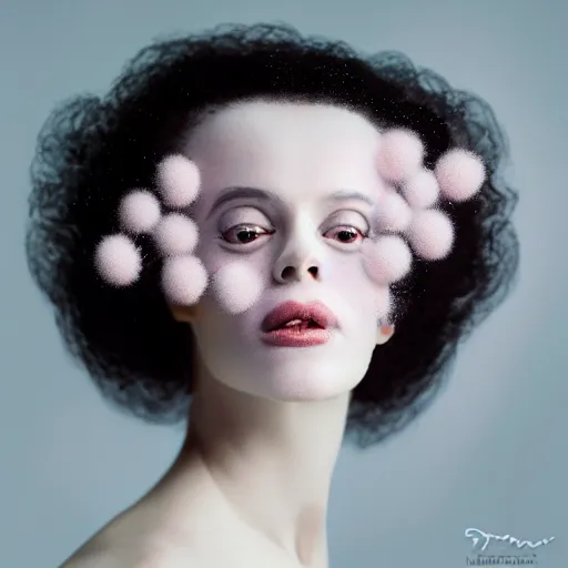 Prompt: portrait of an excitied bride of frankenstein with soft pink and white cotton fluffy balls floating in image, fashion photography, highly detailed, digital photography by jheronimus bosch and james jean and james rutkowski, fashion photography, stitches