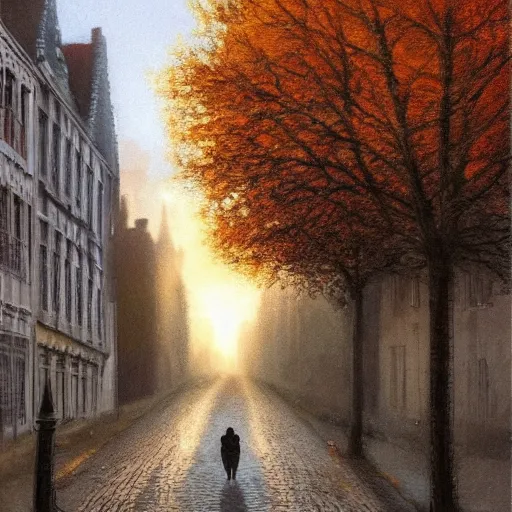 Image similar to 2 hedgehogs walking across the street in Bruges, Belgium, in the style of Greg Rutkowski, autumn, evening, romantic