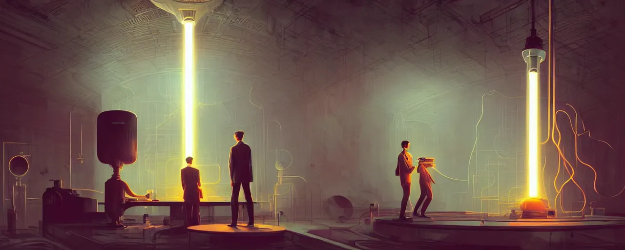 Image similar to duotone retro futuristic illustration 3 / 4 portrait of nikola tesla conducting experiments in wardenclyffe tower. cinematic lighting. golden ratio accidental renaissance. by sachin teng and sergey kolesov and ruan jia and heng z. graffiti art, scifi, fantasy, hyper detailed. octane render. concept art. trending on artstation