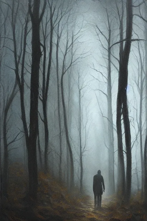 Image similar to dark and spooky woods. atmospheric, foggy, oil painting on canvas. fairytale. with a werewolf standing there