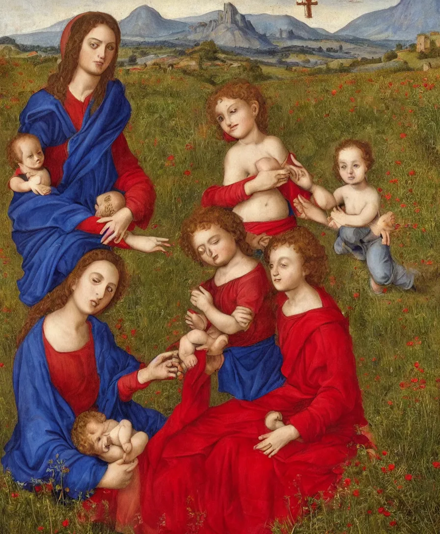 Image similar to Detailed Portrait of Madonna, red shirt blue cloth, with infant Jesus playing with a cross and another boy in the style of Raffael. Curly red hair. They are sitting in a dried out meadow near Florence, red poppy in the field. On the horizon, there is a lake with a town and mountains. Flat perspective.