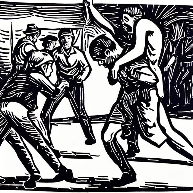 Image similar to An American realism style Linocut made with Gel pen on Silk of An Unambitious Agile Groupie motivating A Warrior in the style of Joaquin Sorolla Y Bastida