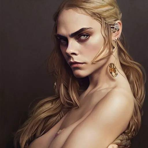 Image similar to Cara Delevigne , intricate, elegant, highly detailed, digital painting, artstation, concept art, smooth, sharp focus, illustration, art by artgerm and greg rutkowski and alphonse mucha