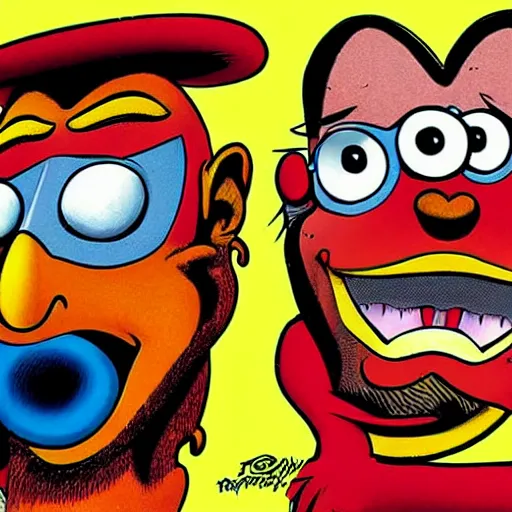 Prompt: two birdman, close up face, magnified face, ren and stimpy style, cartoon from the 90's, artwork by Alex Horley + Joe Jusko + todd schorr + richard scarry