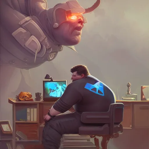 Image similar to a insanely detailed painting of a slightly overweight man wearing a homemade superhero costumed, sitting at a computer desk, nervously and clicking on the mouse, in the style of peter mohrbacher, dramatic lighting and composition, trending on artstation, concept art, comic book, graphic novel