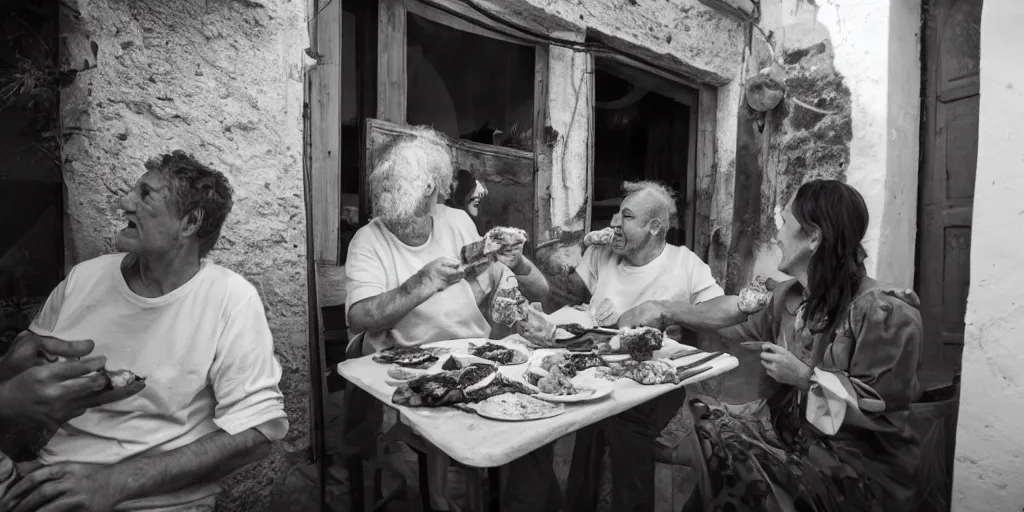 Image similar to cats sharing their mortadella with owner at a trullo house, photoreal, 3 5 mm, award winning photography