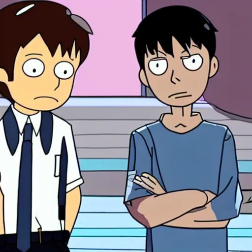 Prompt: Shinji Ikari meets rick and morty in new series crossover
