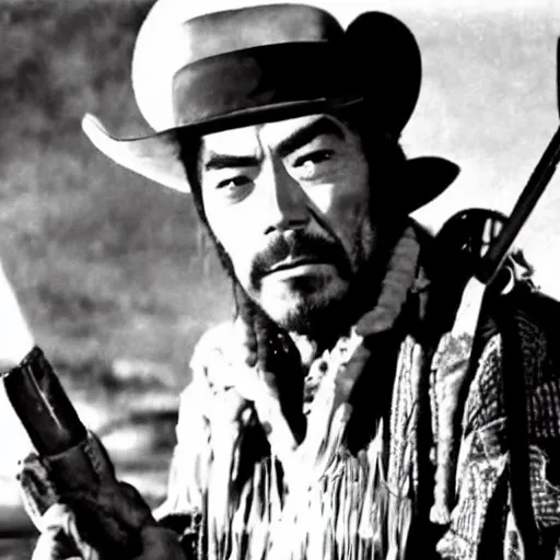 Image similar to still of toshiro mifune in a cowboy outfit, wild west