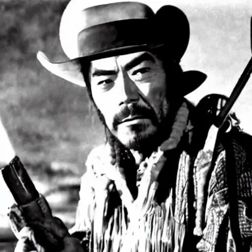 Prompt: still of toshiro mifune in a cowboy outfit, wild west