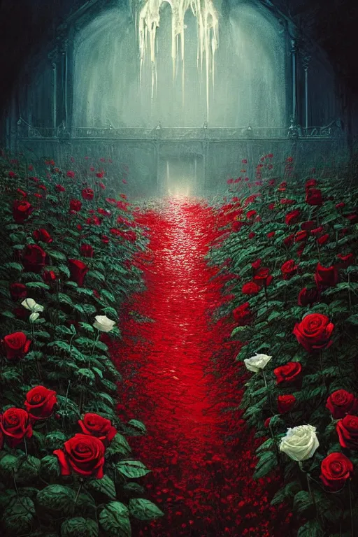 Image similar to poster style, a beautiful and terrifying painting with high details of reaper's garden with red fluid white roses in the foreground, movie atmosphere, movie lights, 8 k, light effect, rtx on, trending on artstation, by kilian eng, lee madgwick, bastien lecouffe - deharme