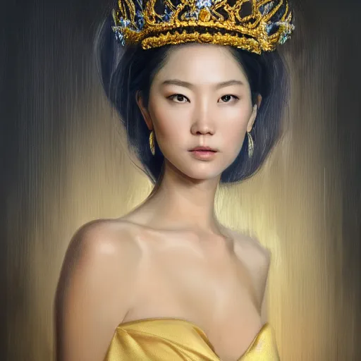 Image similar to hyper realism portrait of Princess by Zhong, Fenghua Klimt, Gustav, stunning, detailing, artstation trending, perfect lighting, golden hour, face detailing