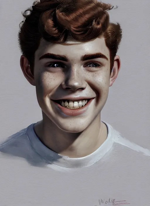 Image similar to portrait of teenage archie andrews, freckles, curly middle part haircut, curly hair, smiling kindly, friendly, 1 9 5 0 s, intricate, elegant, glowing lights, highly detailed, digital painting, artstation, concept art, smooth, sharp focus, illustration, art by wlop, mars ravelo and greg rutkowski