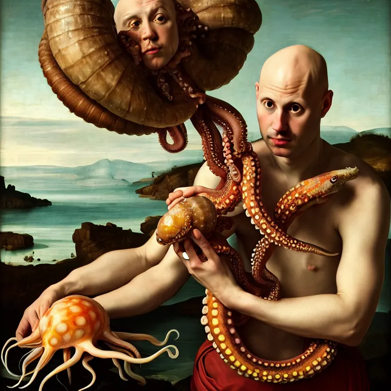 Prompt: young bald man standing in a shell, holding a squid, octopus, sea in the background, beautiful baroque portrait painting, psychedelic, trippy, hallucination, dream, beautiful detailed intricate insanely detailed octane render trending on Artstation, 8K artistic photography, photorealistic, chiaroscuro, Raphael, Caravaggio