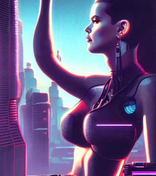 Image similar to cable plugged in, side of head, very very beautiful woman, cyberdeck computer terminal, street level night city, 1 9 7 9 omni magazine cover, style by vincent di fate, artgerm, cyberpunk 2 0 7 7, very coherent, detailed, 4 k resolution, unreal engine, daz