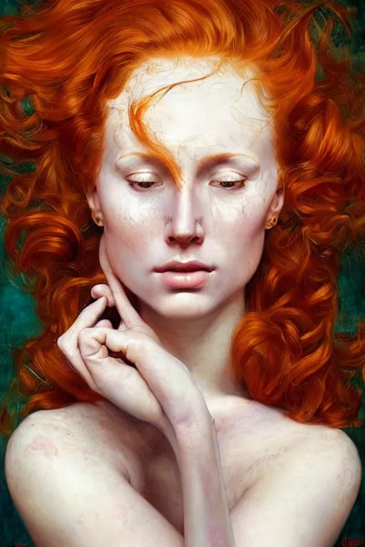 Image similar to hyper realistic painting portrait of a redhead girl with flowing curls and closed eyes, golden skin and turquoise background, hyper detailed face by stjepan sejic, by norman rockwell, by michael hussar, by roberto ferri, by ruan jia, textured turquoise background