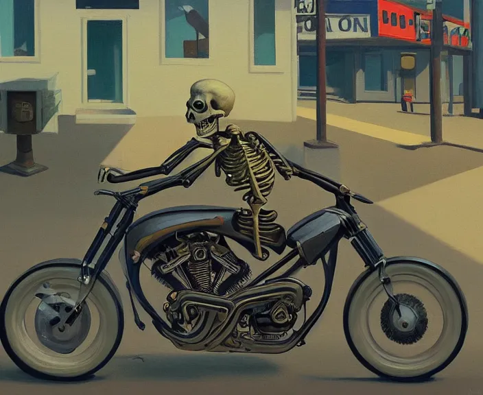 Image similar to a very detailed painting of a skeleton wearing a suit, riding a motorbike down a street, harley davidson motorbike, worm's - eye view, very fine brush strokes, very aesthetic, very futuristic, in the style of edward hopper and grant wood and syd mead, 4 k,