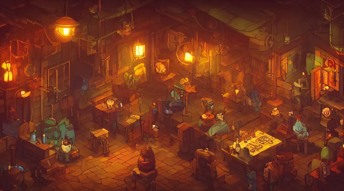 Image similar to A multidimensional cozy tavern, retro video game vibe, cinematic lighting, epic composition, cartoon, animation, background art, post processing, 8K resolution