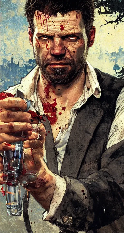 Image similar to close up of bloodied max payne pouring a drink, sun shining, photo realistic illustration by greg rutkowski, thomas kindkade, alphonse mucha, loish, norman rockwell.