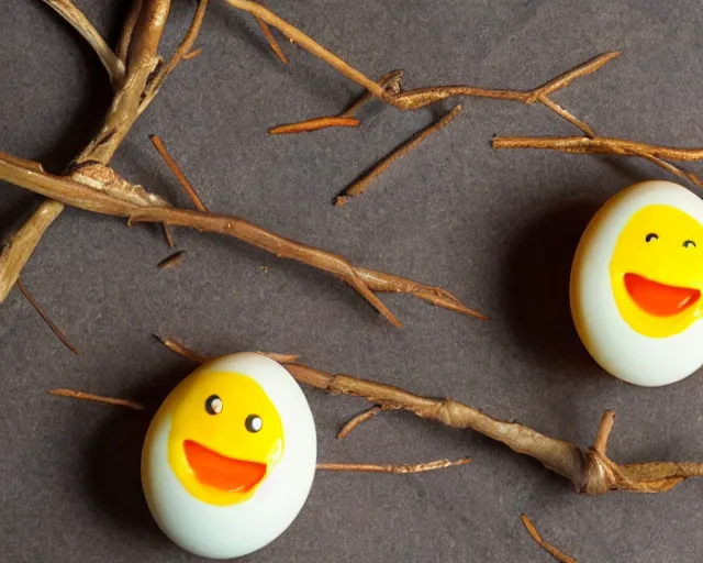 Prompt: eggs with happy faces on them. they have arms and legs made of twigs. yolk is pouring out of their snout. they had a hearty laugh. boogers are coming out of their noise.