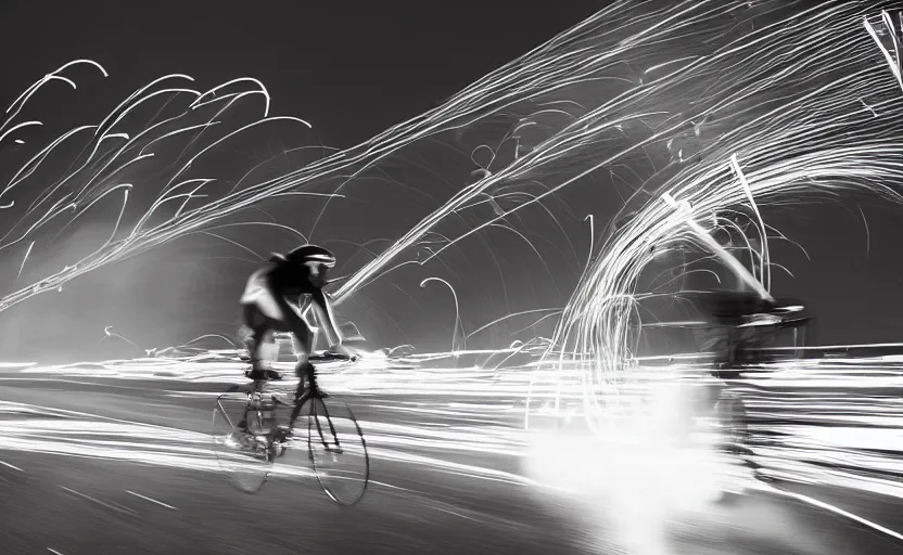 Prompt: a bicycle with a rocket engine attached to the back, flames and fire shooting out the back, light trails and motion blur, stylized photo