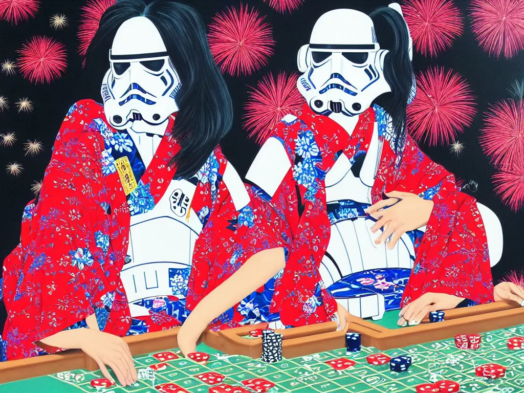 Image similar to hyperrealism composition of the detailed single woman in a japanese kimono sitting at an extremely detailed poker table with stormtrooper, fireworks, river on the background, pop - art style, jacky tsai style, andy warhol style, acrylic on canvas