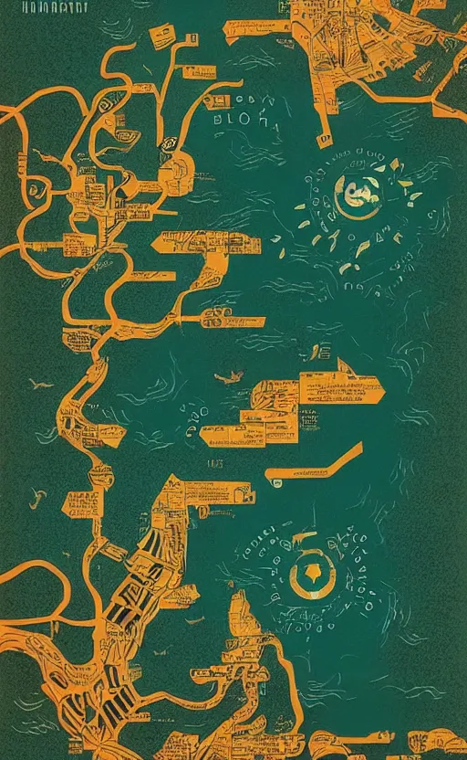 Prompt: a poster with a map on it, poster art by victo ngai, behance contest winner, environmental art, lovecraftian, blueprint, intricate