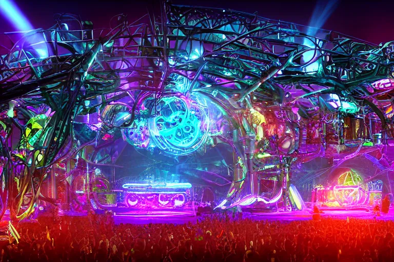 Image similar to an outdoor festival stage with audience, neon letters tripmachine, center of the stage is a big futuristic steampunk machine with gears and belts and tubes, surrounded by big loudspeakers, rock musicians on the stage, laser show, 8 k, fluorescent colors, halluzinogenic, multicolored, exaggerated detailed, unreal engine