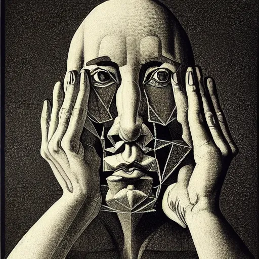 Image similar to lithography on paper conceptual figurative post - morden monumental portrait by goya and escher, illusion surreal art, highly conceptual figurative art, intricate detailed illustration, controversial poster art, polish poster art, geometrical drawings, no blur