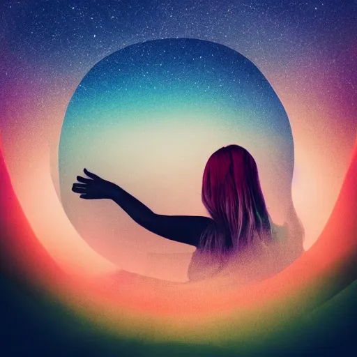 Image similar to A picture of a planet of various colors and plants, in which the human figure is dressed in something magical and impressive, inside the picture is infinity, sunset light, Atmospheric phenomenon, artistic photography, muted colors, conceptual