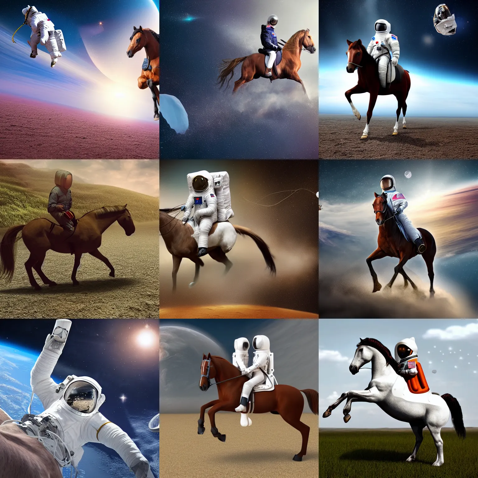 Prompt: a horse riding an astronaut, realistic, 4k
