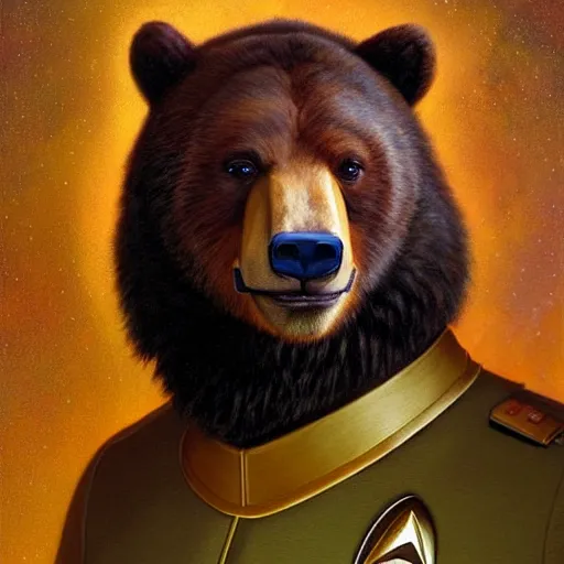 Image similar to a portrait of a bear bearman in a starfleet uniform star trek chief engineer. zootopia fursona furaffinity furry art detailed face highly detailed painting by gaston bussiere craig mullins jc leyendecker gustav klimt artgerm greg rutkowski furry