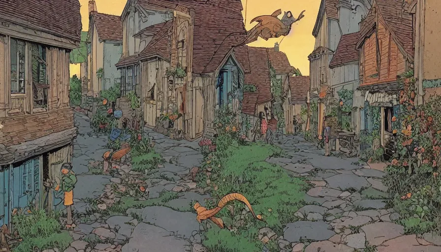 Image similar to ligne claire art of a sparse village intertwined with nature, street-level view, by Moebius, bright colors, Eisner award-winning spread