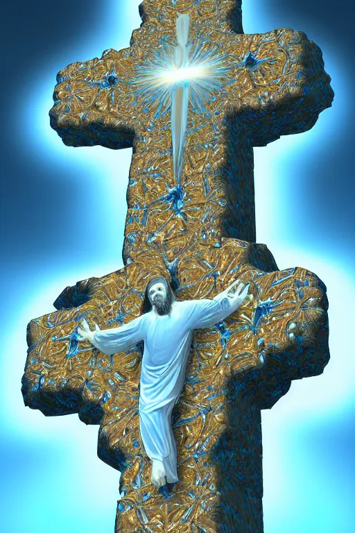 Image similar to a crystalline 3 d mandelbulb fractal in the shape of jesus christ on the cross, bioluminescent opal, fractal, magnificent lighting, ethereal, ray tracing, octane, holographic