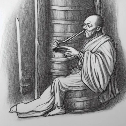 Image similar to pencil sketch of a monk drinking mead from a barrel