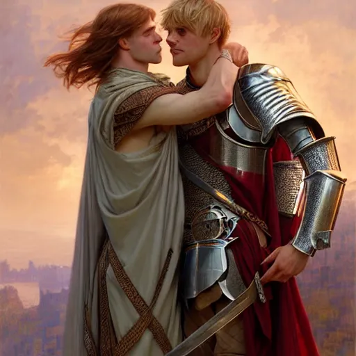 Image similar to attractive arthur pendragon and his favourite attractive male knight, they are in love, camelot, natural lighting, path traced, highly detailed, high quality, digital painting, by gaston bussiere and ross tran and j. c. leyendecker and alphonse mucha