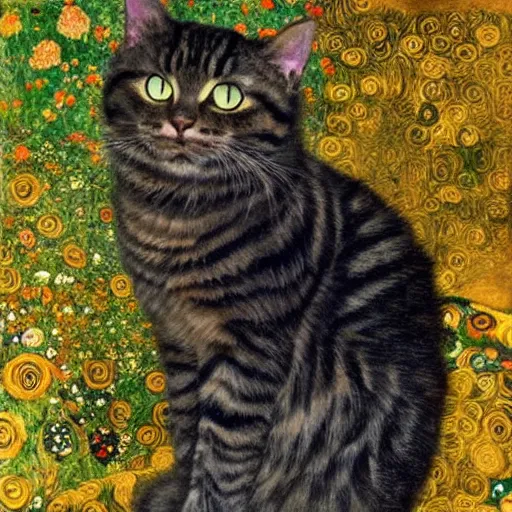 Image similar to portrait of a very fluffy dark tabby cat with green eyes, looking at the moon, full body, smiling cat, golden colors, flowers, canned cat food, intricate, elegant, highly detailed, smooth, sharp focus, illustration, art by gustav klimt