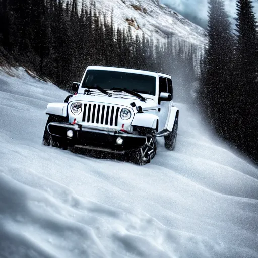 Image similar to white jeep wrangler driving up a steep snowy mountain cornice, high quality digital art, dramatic lighting, cinematic, photo realism