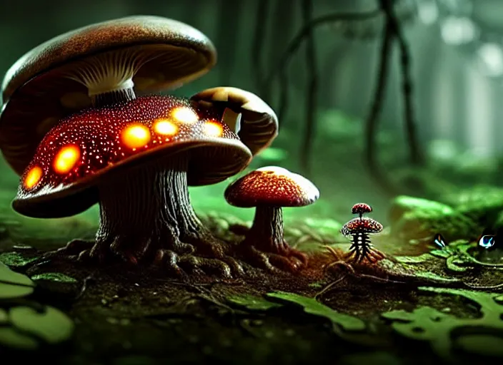 Prompt: 12mm intricate mechanical caterpillar with visible gears and electronics and optic Fibres sitting on top of a mushroom in a magical forest. Very detailed 8k. Fantasy cyberpunk horror. Sharp. Cinematic post-processing